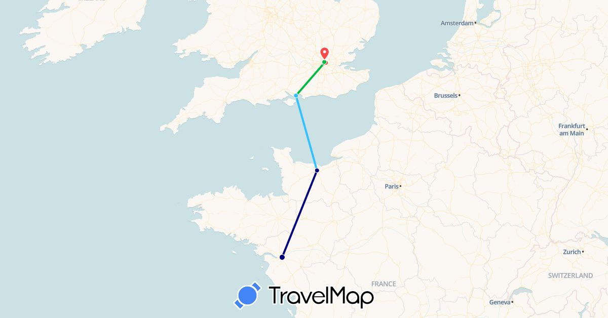 TravelMap itinerary: driving, bus, hiking, boat in France, United Kingdom (Europe)